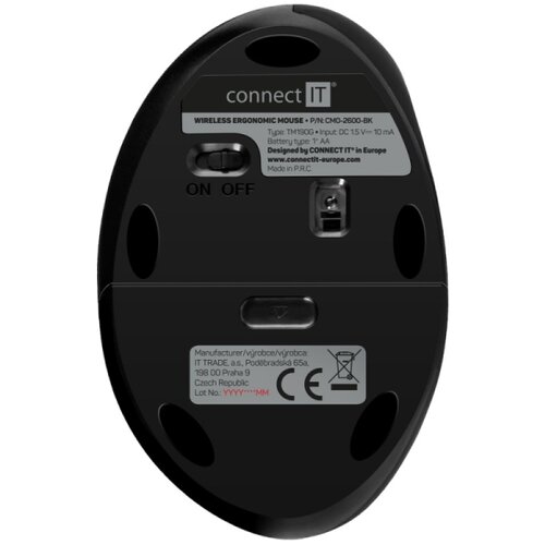 Connect IT CMO-2600-BK - Ergonomski bežični mi&amp;scaron; 800/1200/1600 DPI 1xAA crna Slike