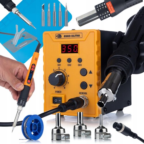 Rosfix SET SPAJKALNA POSTAJA 858D ULTRA 700W + SPAJKALNIK 80W + SILIKONSKA PODLOGA 30X20 CM | 100&ndash;500&deg;C, 3 SPOMINI, 120 L/MIN, 3 &Scaron;OBE, PID KONTROL, (5000075830) Cene