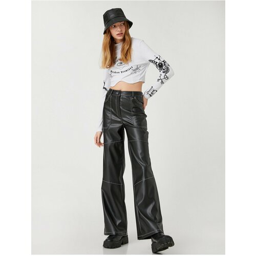 Koton Leather Look Trousers Wide Leg Stitching Detail Pockets. Slike
