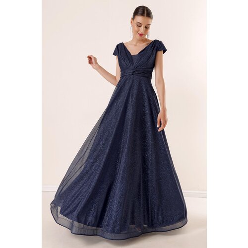 By Saygı Front Back V-Neck Half Moon Sleeve Draped Lined Glittery Long Dress Slike