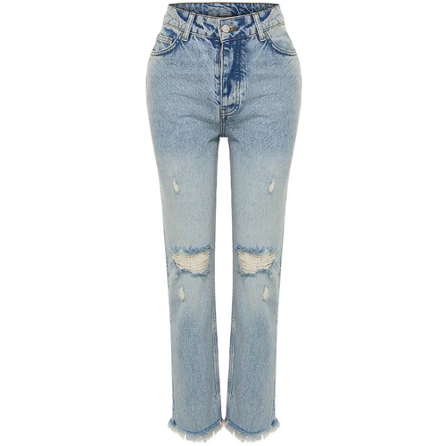 Trendyol Blue Ripped Detailed High Waist Straight Jeans