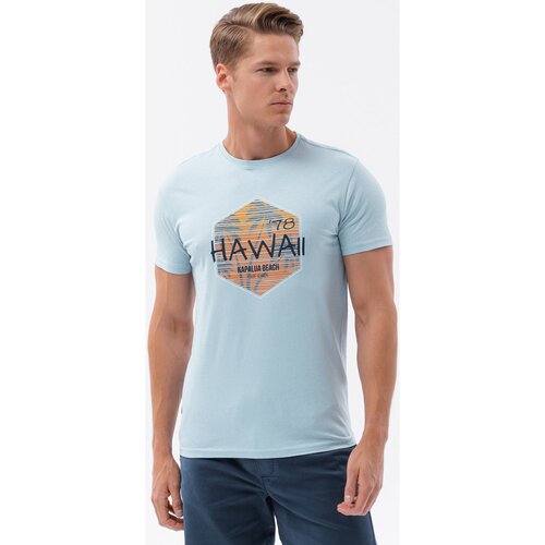 Ombre Majice s kratkimi rokavi T-shirt męski bawełniany z nadrukiem - błękitny V2 S1740 pisana Slike