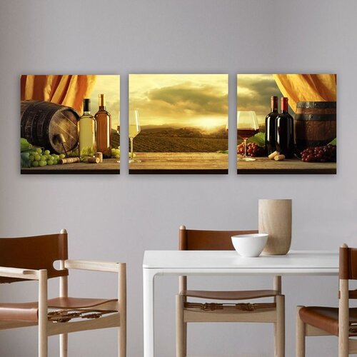 Wallxpert slika na platnu od 3 dela P274538, vino, bure i grožđe ispred vinograda, 30 x 90 cm Cene
