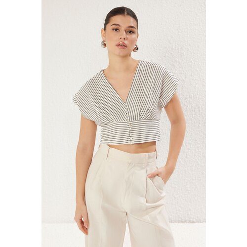 Trendyol White Linen Look Short Sleeve Crop Length Woven Shirt Cene