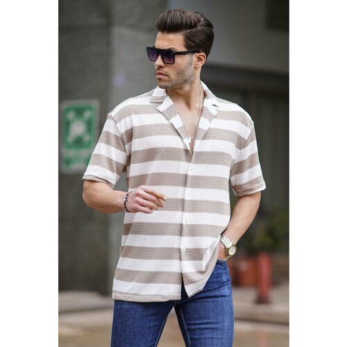 Madmext Men's Beige Striped Short Sleeve Shirt 6730 Slike