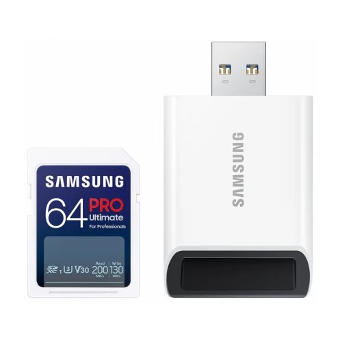 Samsung sd card 64GB, pro ultimate, sdxc, uhs-i U3 V30, read up to 200MB/s, write up to 130 mb/s, for 4K and fullhd video recording, w/usb card reader Cene