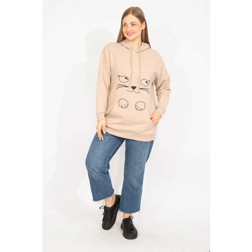 Şans Women's Mink Plus Size Raised Front Print And Hood Detailed Sweatshirt