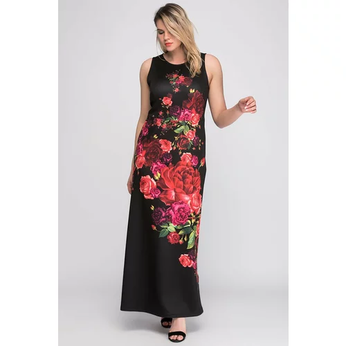 Şans Women's Plus Size Black Floral Pattern Long Dress