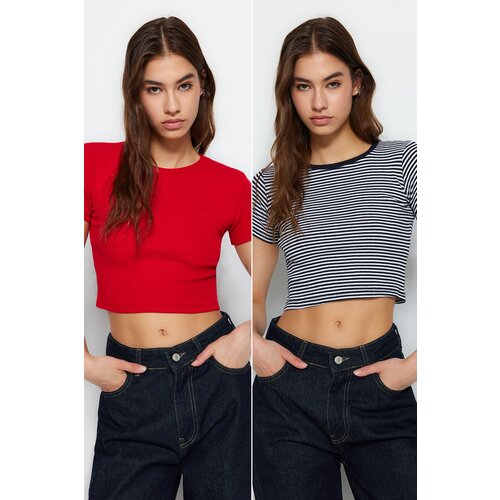 Trendyol Navy Blue Striped-Red Plain 2-Pack Fitted/Simple Crop Corduroy Knit Blouse Slike