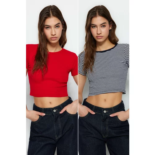 Trendyol Navy Blue Striped-Red Plain 2-Pack Fitted/Simple Crop Corduroy Knit Blouse