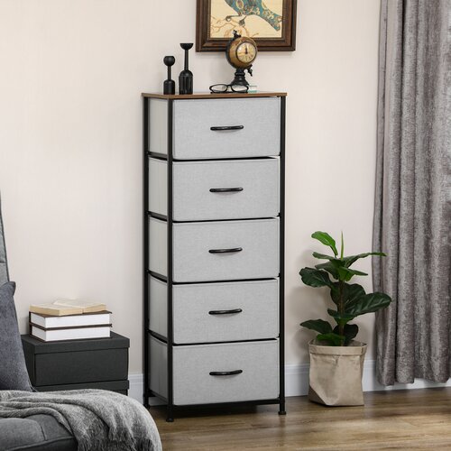 HOMCOM Komoda s 5 predali v industrijskem slogu, komoda za spalnico s snemljivimi predali iz blaga, les in jeklo, 45x30x116cm, (20755425) Cene