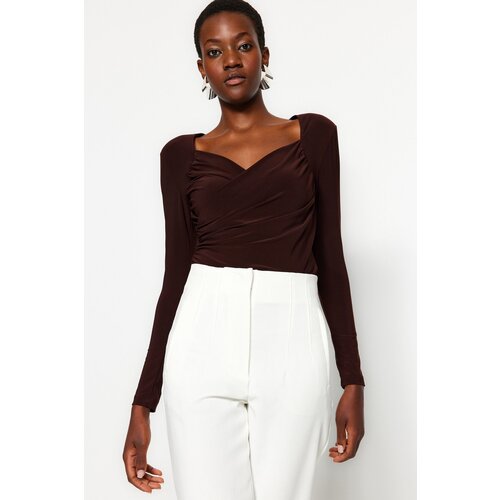 Trendyol Brown Padded Drape Detailed Fitted/Sleepy, Flexible Knitted Bodysuit Slike