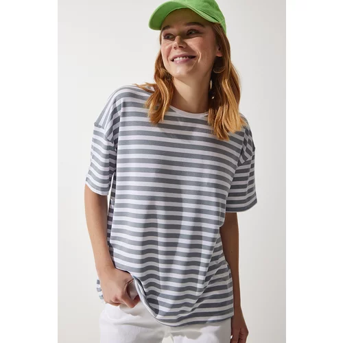 Happiness İstanbul Women's Gray Crew Neck Striped Oversize Knitted T-Shirt