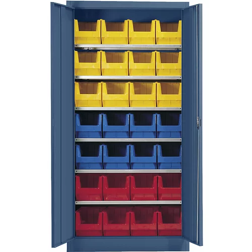 mauser Skladiščna omara, enobarvna, z 28 odprtimi skladiščnimi posodami, 6 polic, modra