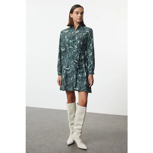 Trendyol Green Belted Shawl Pattern Lined Mini Woven Shirt Dress