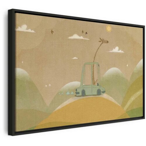  Slika - Dreamy Traveler - A Cheerful Giraffe Driving a Car on a Sunny Day 60x40 U crnom drvenom okviru Cene