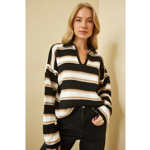 Happiness İstanbul Women's Black Bone Polo Collar Striped Crop Knitwear Sweater Cene