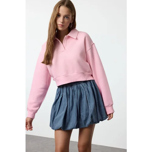 Trendyol Pink Relaxed/comfortable Pattern Polo Collar Thick Polar Fleece Knitted Sweatshirt