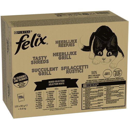 JUMBO pakiranje Felix &amp;quot;Tasty Shreds&amp;quot; vrečke 120 x 80 g - Me&amp;scaron;ani izbor v omaki Slike
