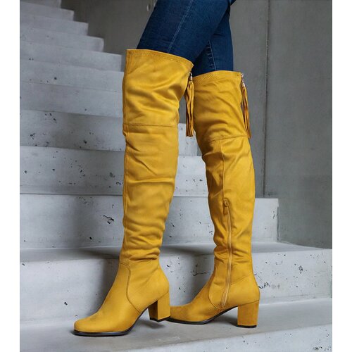 Gemre Yellow eco-suede knee-high block heel boots Alane Slike