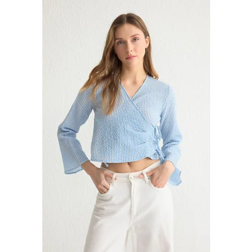 Trendyol Blue Seersucker Plaid Woven Blouse