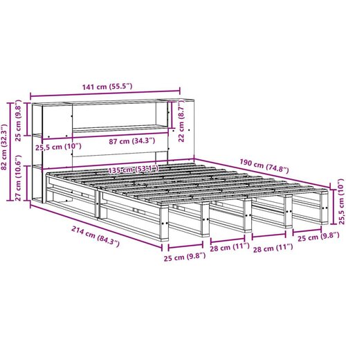  Krevet s regalom za knjige bez madraca 135x190 cm masivno drvo Slike