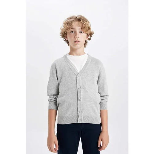 Defacto Boy Gray V-Neck Button-Down Knitted School Cardigan