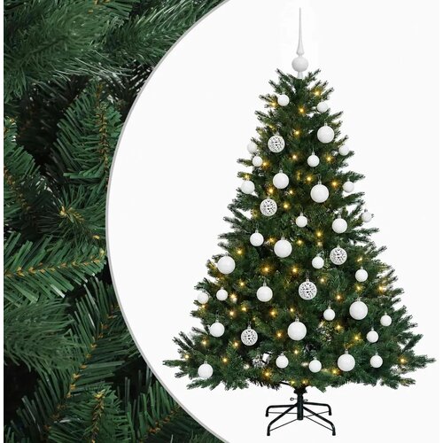  Umjetno božićno drvce s kuglicom 150 cm 150 LED lampica - Zelena 150 cm s LED žaruljama i bijelim kuglicama Slike
