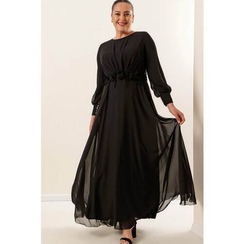 By Saygı Lined Long Chiffon Dress with Floral Detail Wide Sizes Dark Indigo. Slike