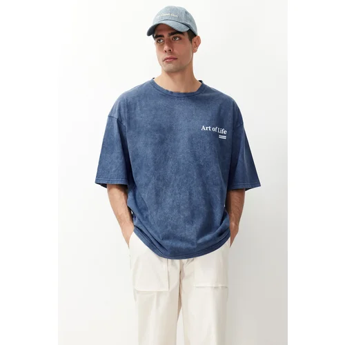 Trendyol Indigo Oversize/Wide Cut Vintage/Faded Effect Printed 100% Cotton T-Shirt