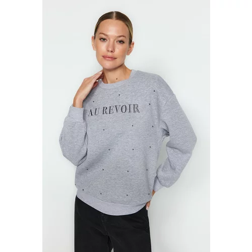 Trendyol Gray Melange Stones and Embroidery Detail in a Regular Fit Knitted Sweatshirt with Fleece Inside