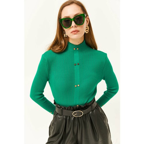 Olalook Women's Grass Green High Neck Button Garnished Lycra Knitwear Sweater Slike