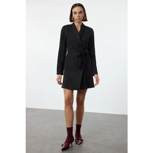 Trendyol Black Belted Shawl Collar Mini Woven Jacket Dress