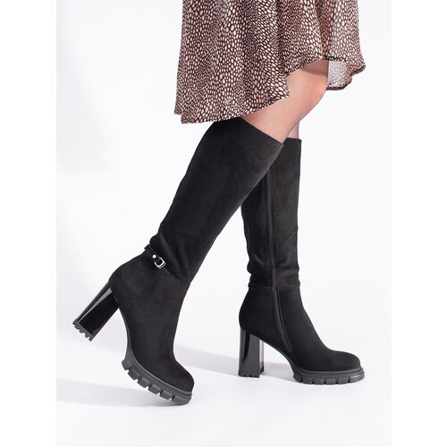 Shelvt Classic black suede heeled boots Slike