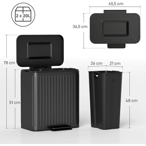  Kanta za kuhinjski otpad 2 x 20 L pretinca učinkovito odvajanje otpada nožna pedala plastika metal crna Slike