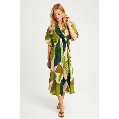 Cool &amp;amp; Sexy Women&amp;#039;s Khaki Patterned Double Breasted Midi Dress HT108 Slike