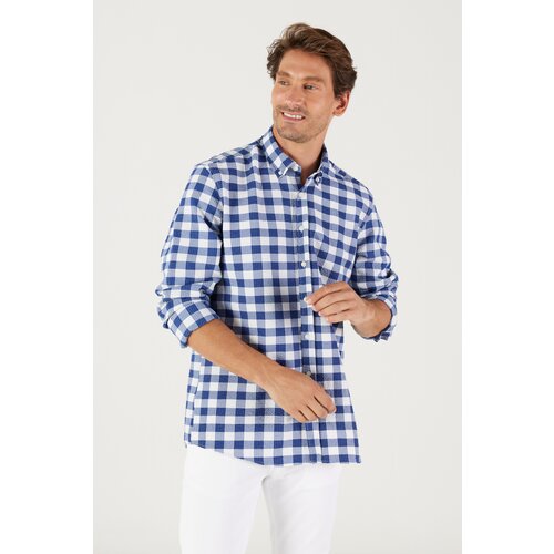 AC&Co / Altınyıldız Classics Men's White-Navy Blue Slim Fit Slim Fit Button-down Collar Check Shirt Slike