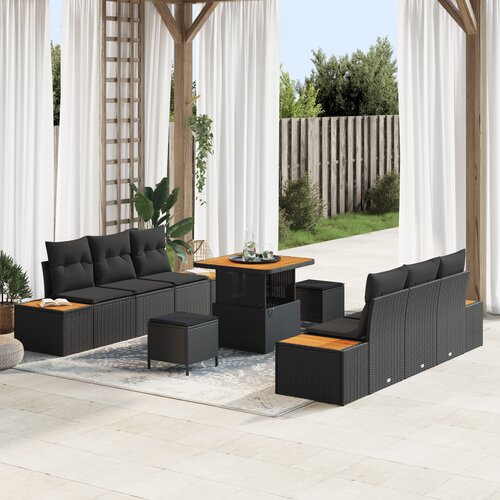 VidaXL 9 komada vrtni sofa set s jastučićima crni poli ratan akacija Slike