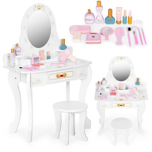 ECO TOYS Veliki drveni toaletni sto za decu sa ogledalom i roze dodacima, ECOTOYS Slike