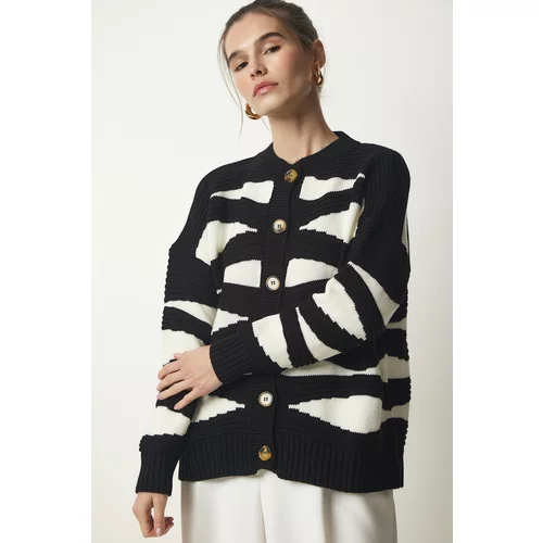 Happiness İstanbul Women's Black Patterned Buttoned Knitwear Cardigan