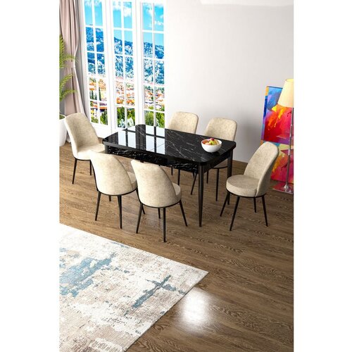 Hanah home Zen - Black Marble, Cream Black MarbleCream Extendable Dining Table & Chairs Set (7 Pieces) Cene