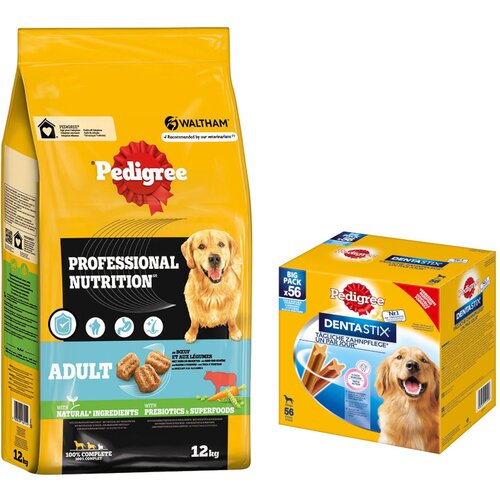 Pedigree Professional Nutrition Adult 12 kg + Dentastix 56 kosov po posebni ceni! - Adult z govedino in zelenjavo 12 kg + Multi pakiranje Dentastix (56 kosov) za velike pse (>25 kg) Cijene