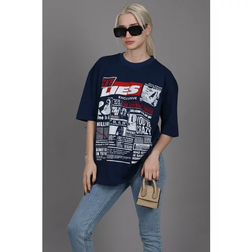 Madmext Navy Blue Back Printed Oversized Women's T-Shirt
