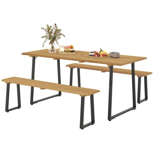 Nesta Jedilna garnitura 3 kosi, lesena miza z 2 klopema za 6 oseb, naravni les, luknja za senčnik, 178x76x77 cm, za jedilnico, (5000493626) Cene
