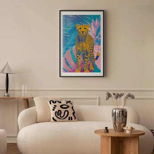  Plakat - Exotic Leopard - colorful portrait of a cheetah against tropical leaves 40x60 Crni okvir s margom Slike
