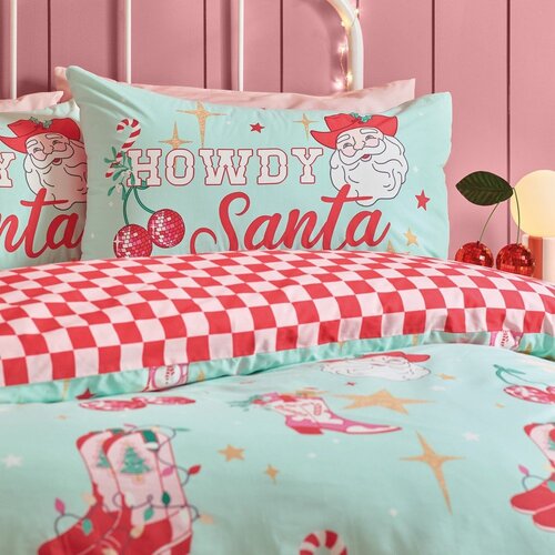 Catherine Lansfield Zelena/rožnata podalj&amp;scaron;ana posteljnina za zakonsko posteljo 230x220 cm Santa&amp;#039;s Howdy Christmas &amp;ndash; Slike