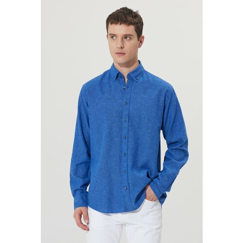 ALTINYILDIZ CLASSICS Men's Navy Blue Comfort Fit Comfy Cut Buttoned Collar Linen Shirt. Slike