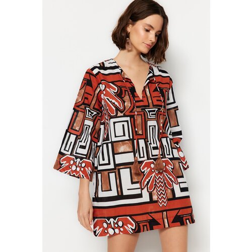 Trendyol Tropical Patterned Wide Fit Mini Woven 100% Cotton Beach Dress Slike