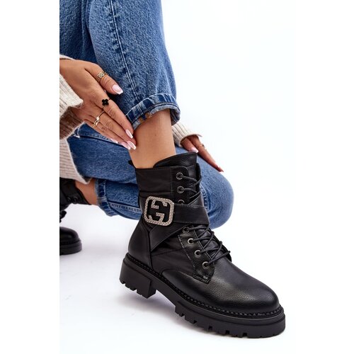 Kesi Black Gennee Worker leather ankle boots with chain Cene