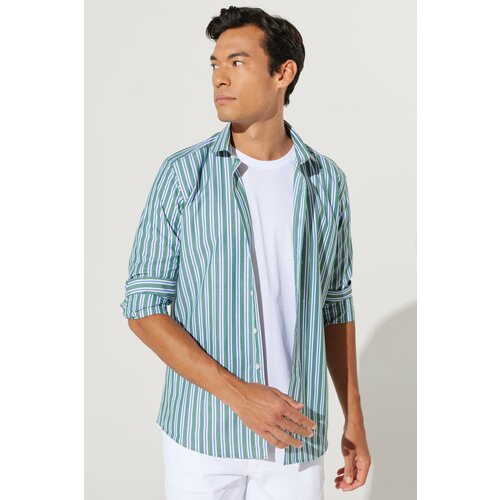 AC&Co / Altınyıldız Classics Men's Green-Navy Blue Slim Fit Slim Fit Small Italian Collar 100% Cotton Striped Shirt Cene